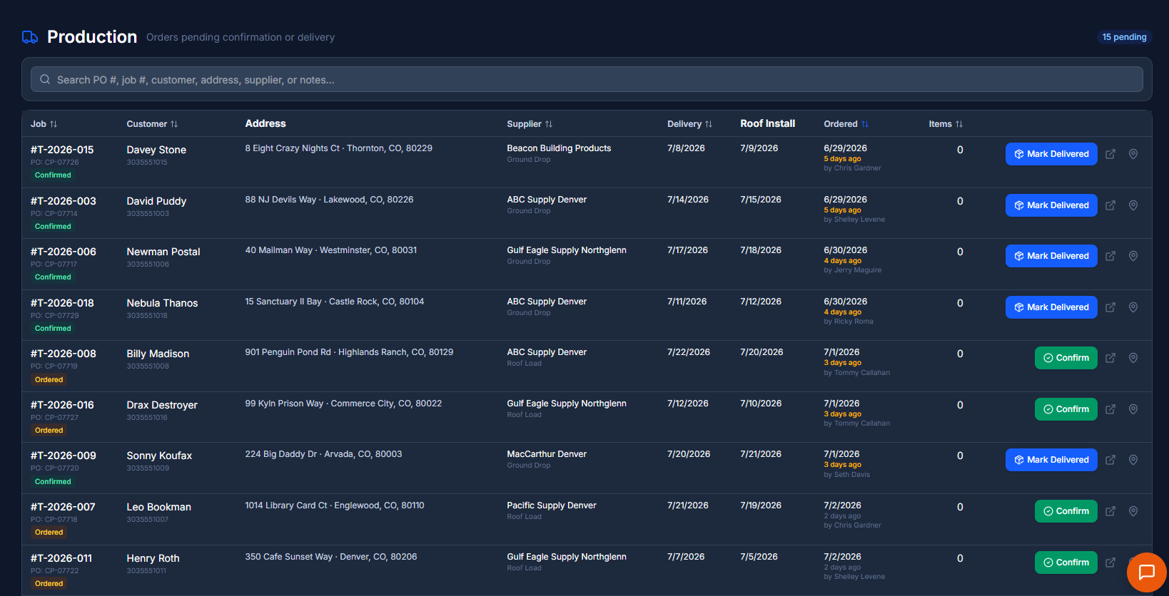CADsuite Contractor CRM — Production board showing material orders, delivery dates, and confirm actions