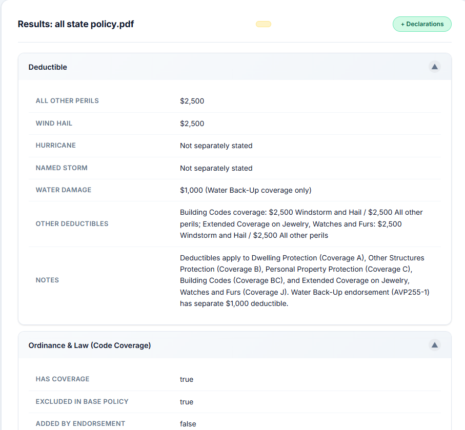 Policy Review — AI-parsed coverage, deductibles, exclusions, endorsements