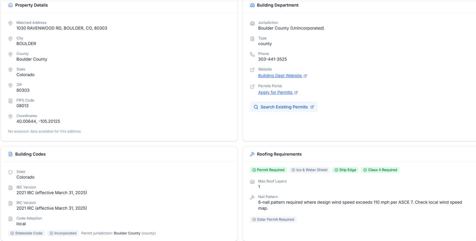 Property Search — county assessor + permit + code lookup by address